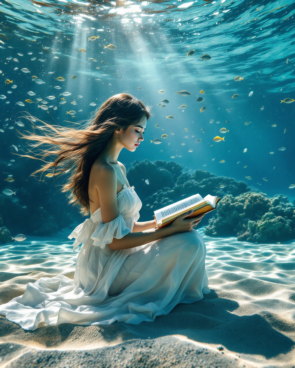 Reading a book on the ocean floor
