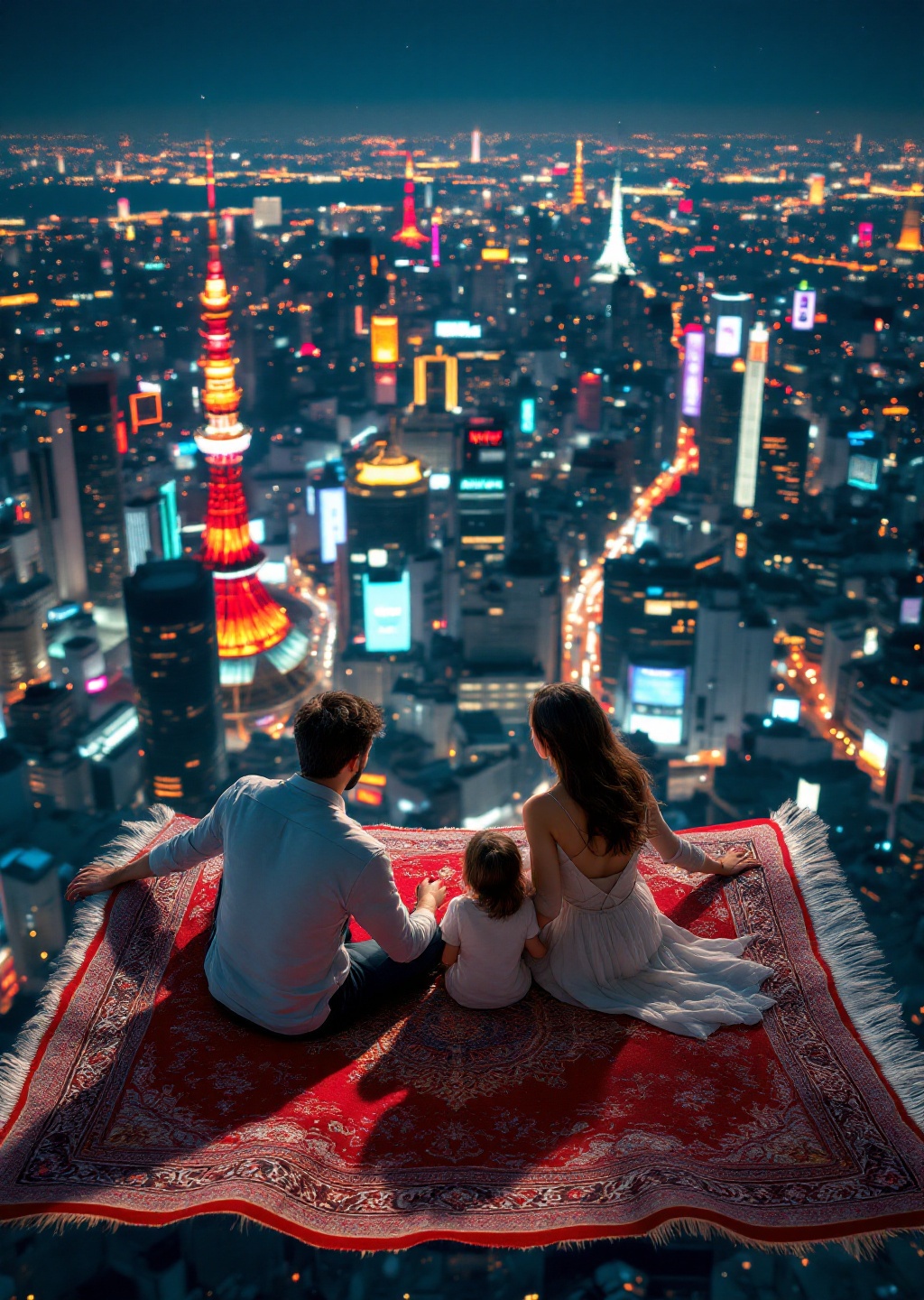 Family on a flying carpet over Tokyo