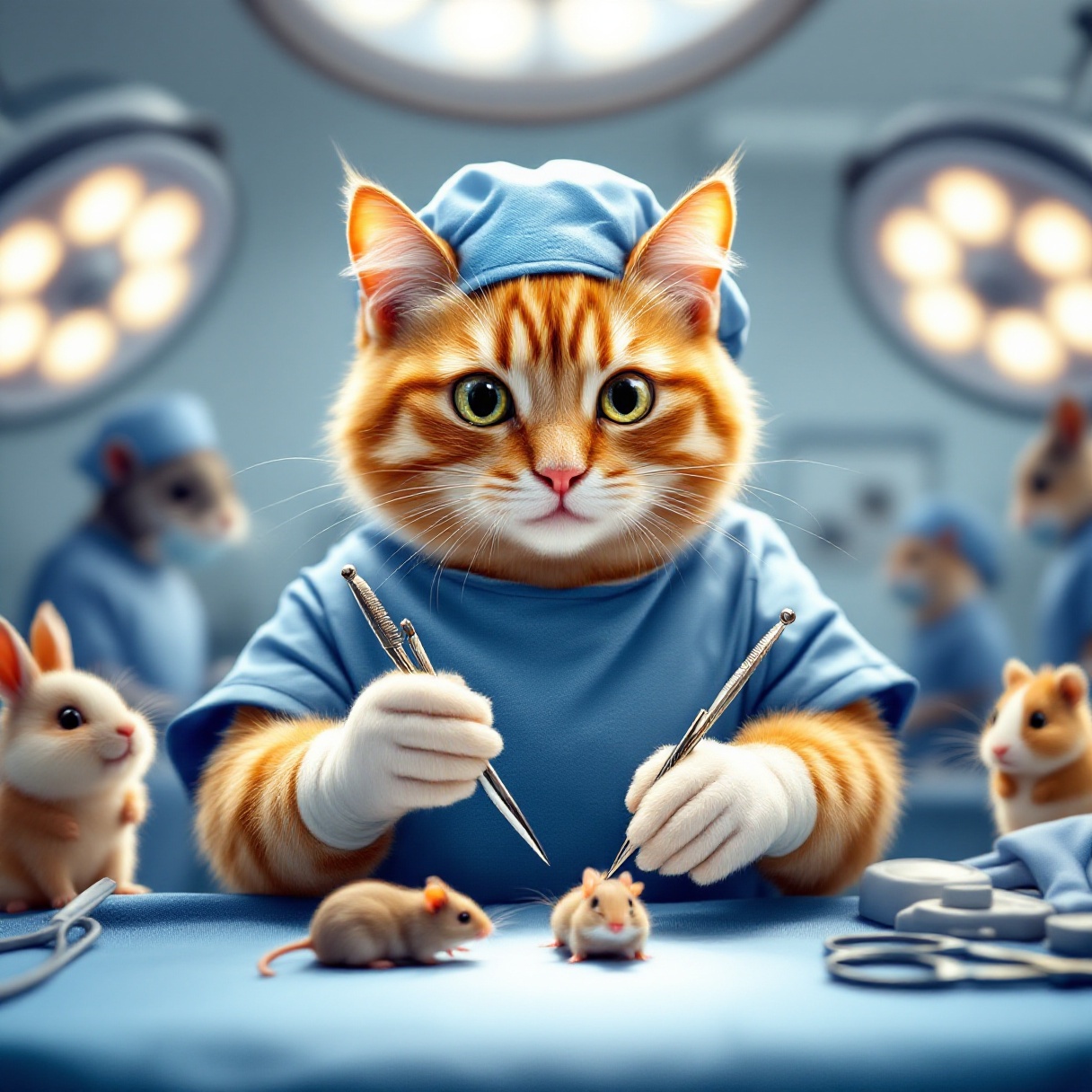 Tabby cat performing surgery